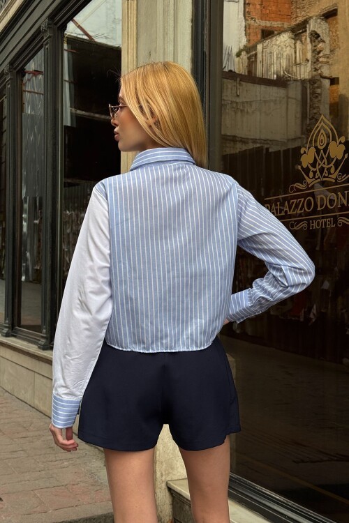 Mavi Çizgili Kontrast Uzun Kollu Asimetrik Düğme Detaylı Crop Gömlek