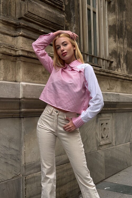 Pembe Çizgili Kontrast Uzun Kollu Asimetrik Düğme Detaylı Crop Gömlek