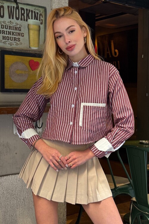 Pembe Çizgili Oversize Uzun Kollu Düğmeli Manşet Crop Gömlek