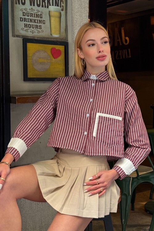 Pembe Çizgili Oversize Uzun Kollu Düğmeli Manşet Crop Gömlek