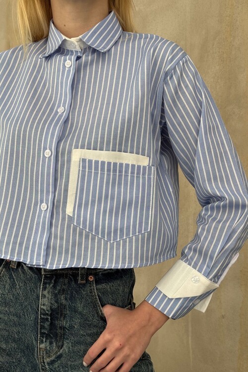 Mavi Çizgili Oversize Uzun Kollu Düğmeli Manşet Crop Gömlek