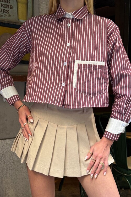 Pembe Çizgili Oversize Uzun Kollu Düğmeli Manşet Crop Gömlek