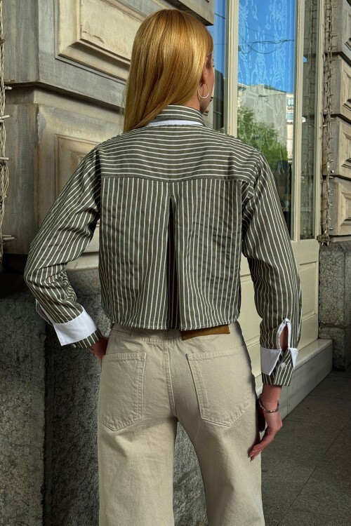 Yeşil Çizgili Oversize Uzun Kollu Düğmeli Manşet Crop Gömlek