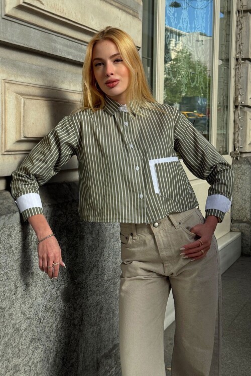 Yeşil Çizgili Oversize Uzun Kollu Düğmeli Manşet Crop Gömlek