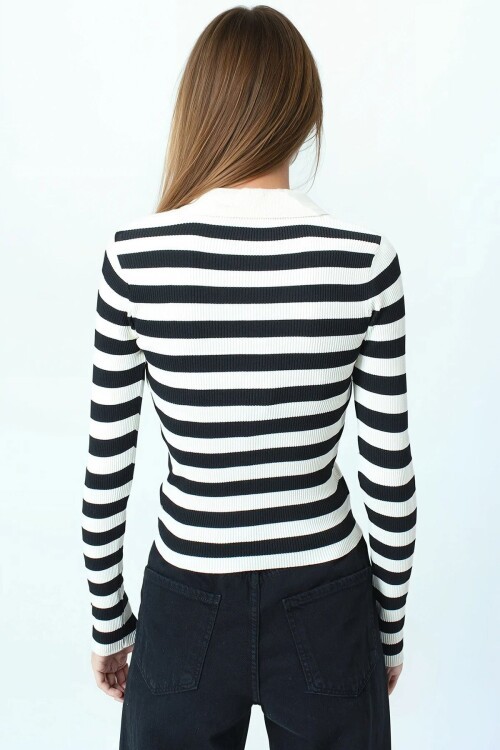 Çizgili Polo Yaka Kısa Kollu Triko Bluz