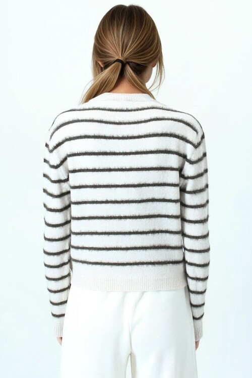 Çizgili Tüylü Dokulu Bisiklet Yaka Triko Kazak