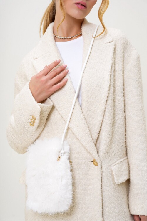 Ekru Deri Kordonlu Mıknatıs Kapamalı Suni Kürk Telefon Çantası