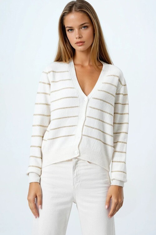 Derin V Yaka Düğmeli Çizgili Triko Hırka