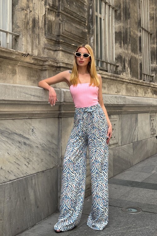 Mavi Desenli Beli Lastikli Kuşaklı Palazzo Bol Paça Pantolon