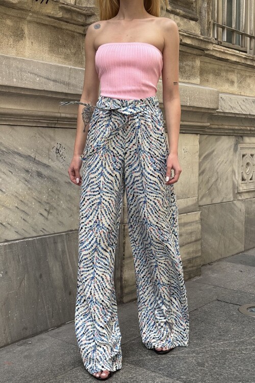 Mavi Desenli Beli Lastikli Kuşaklı Palazzo Bol Paça Pantolon