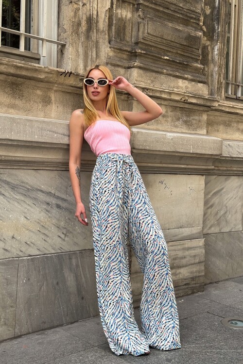 Mavi Desenli Beli Lastikli Kuşaklı Palazzo Bol Paça Pantolon