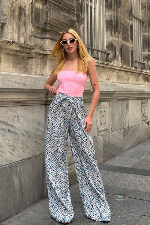 Mavi Desenli Beli Lastikli Kuşaklı Palazzo Bol Paça Pantolon