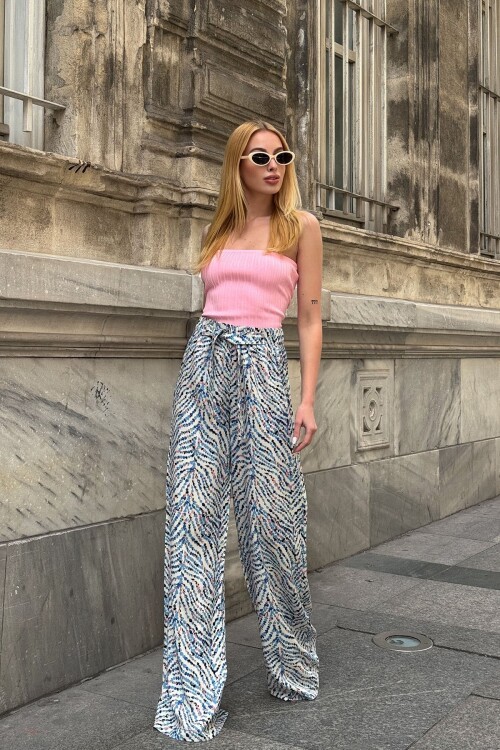 Mavi Desenli Beli Lastikli Kuşaklı Palazzo Bol Paça Pantolon