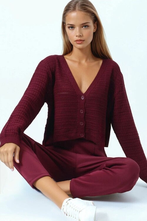 Dokulu Örgü Desenli Uzun Kollu Düğmeli Triko Hırka