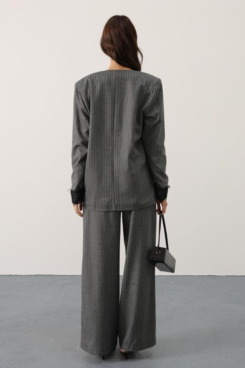 Düğme Kapamalı Dantel Detaylı Çizgili Palazzo Pantolon