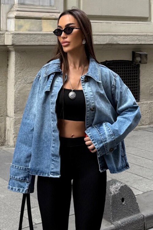 Düğme Kapamalı Yakası Gizli Düğmeli  Denim Ceket