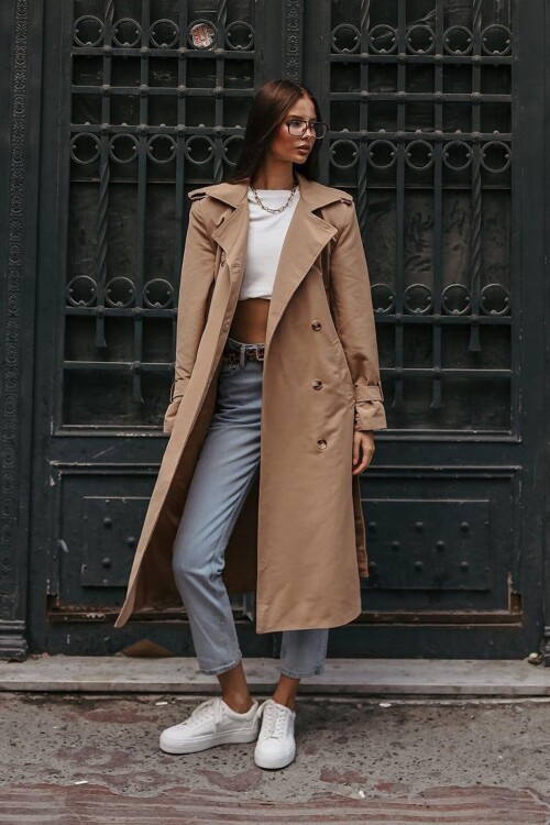 Düğmeli Kemer Kapamalı Vatkalı Astarlı Çift Cepli Uzun Trençkot