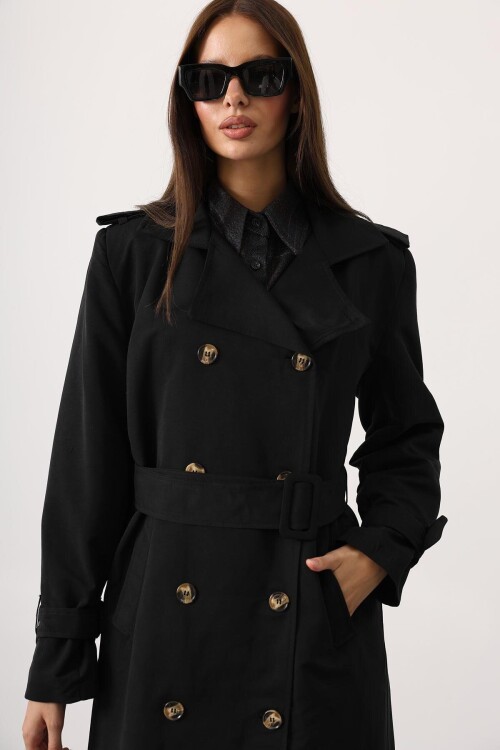 Düğmeli Kemer Kapamalı Vatkalı Astarlı Çift Cepli Uzun Trençkot