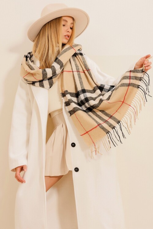 Bej Ekose Desenli Şal