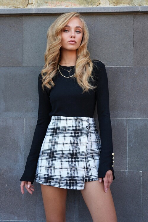 Ekose Desenli Tweed Şort Etek