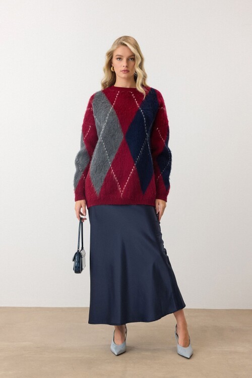 Bordo Ekose Desenli Yumuşak Dokulu Oversize Triko Kazak