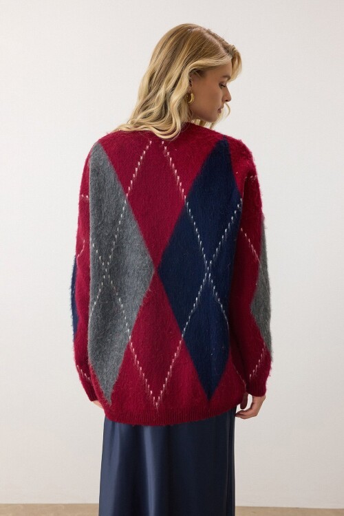 Bordo Ekose Desenli Yumuşak Dokulu Oversize Triko Kazak