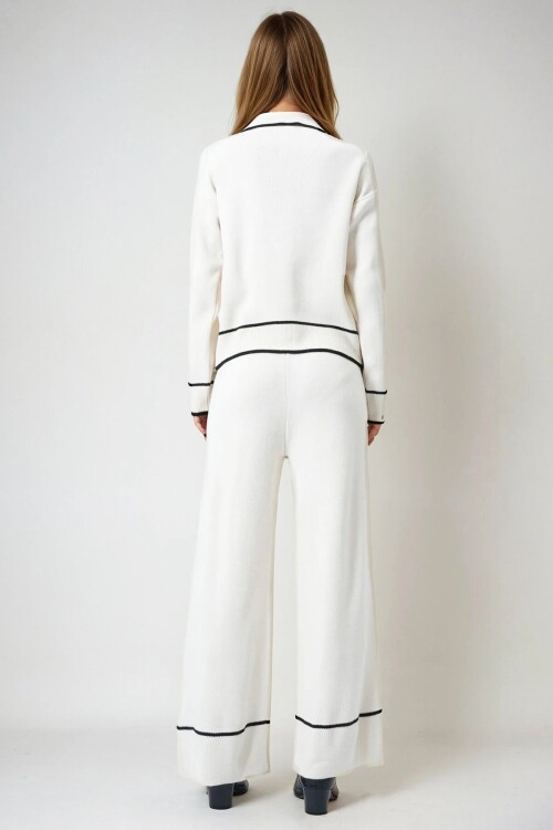 Ekru Kontrast Biyeli Polo Yaka Triko Hırka Ve Pantolon Takım