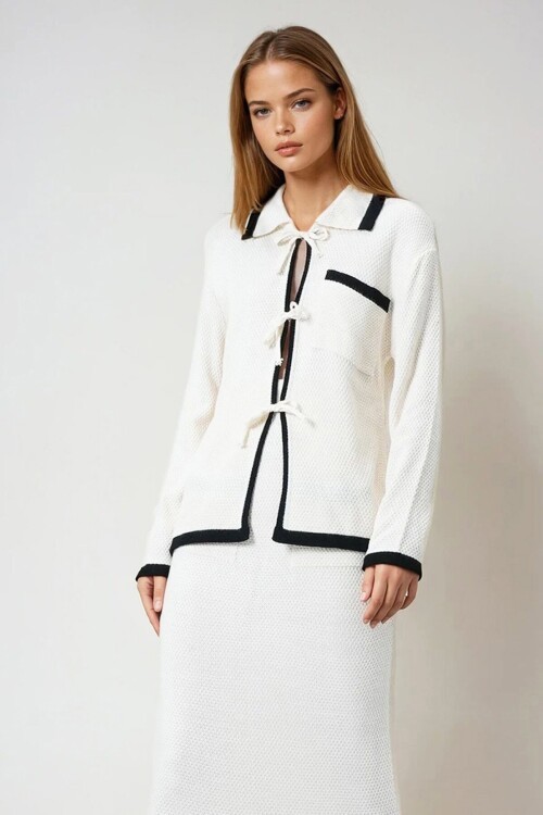 Ekru Polo Yaka Bağlamalı Triko Üst Ve Midi Etek Trikotakım