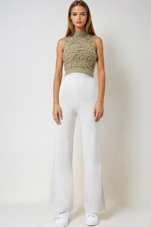 Ekru Yüksek Bel Beli Lastikli Triko Palazzo Pantolon