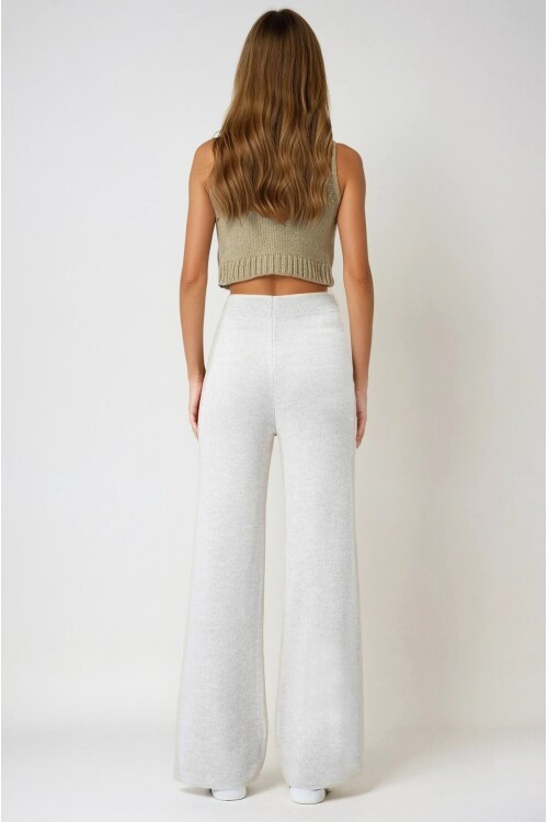 Ekru Yüksek Bel Beli Lastikli Triko Palazzo Pantolon