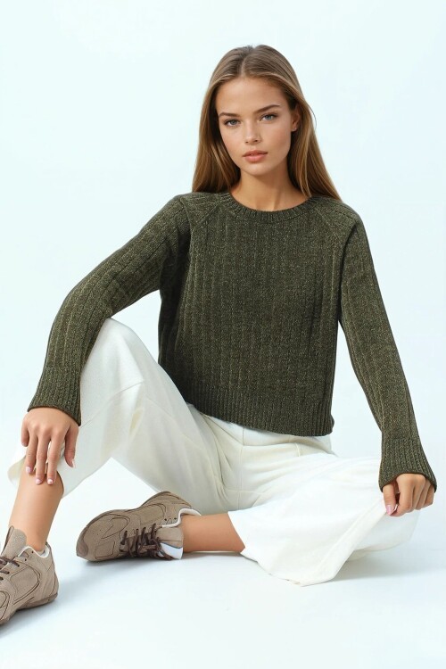 Fitilli Kadife Dokulu Bisiklet Yaka Uzun Kollu Triko Kazak