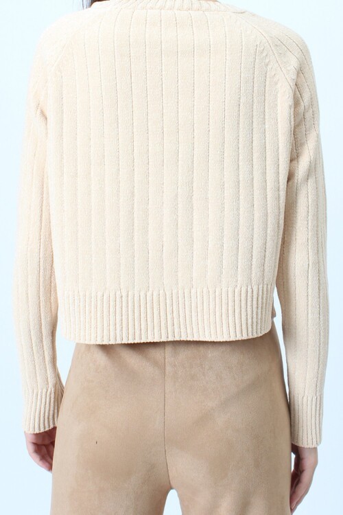 Fitilli Kadife Dokulu Bisiklet Yaka Uzun Kollu Triko Kazak