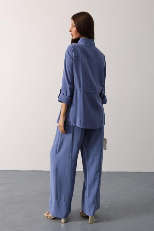 Gold Düğme Detaylı Gömlek Bluz Ve Palazzo Pantolon Takım