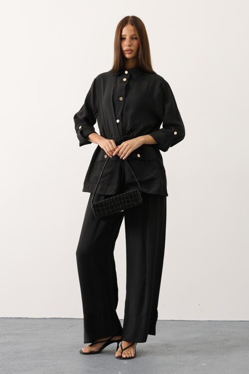 Gold Düğme Detaylı Gömlek Bluz Ve Palazzo Pantolon Takım