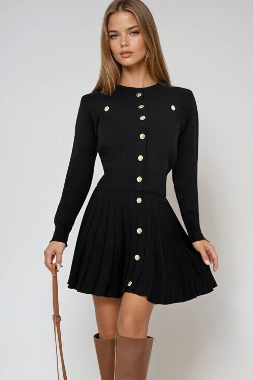 Gold Düğme Detaylı Yuvarlak Yaka Triko Bluz ve Pileli Mini Etek Takım