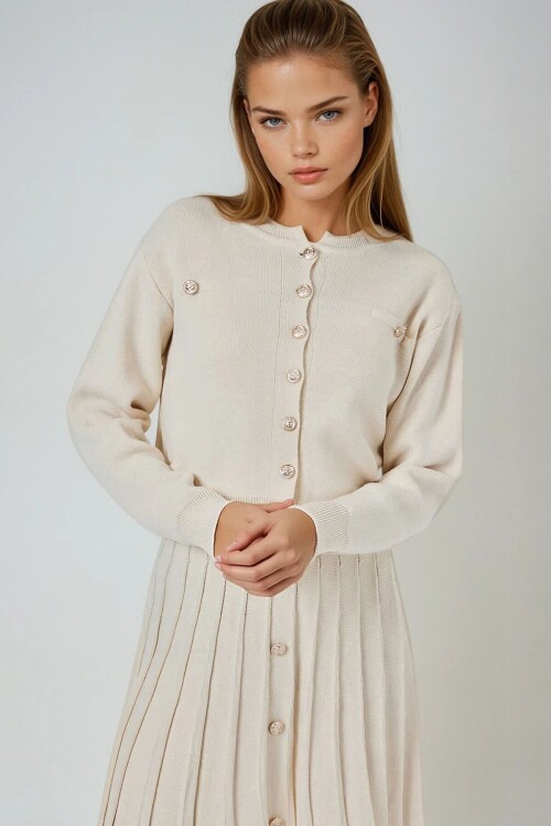 Gold Düğme Detaylı Yuvarlak Yaka Triko Bluz Ve Pileli Mini Etek Takım