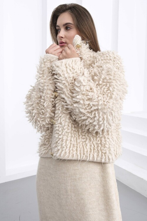 Gold Düğmeli Shaggy Hırka