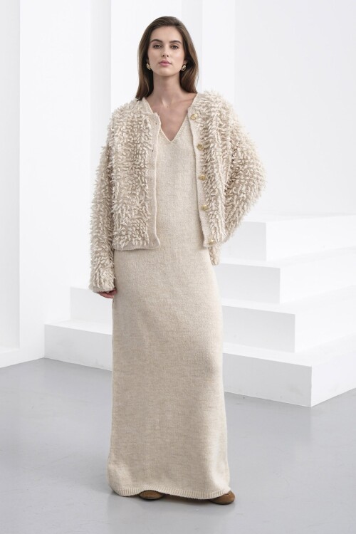 Gold Düğmeli Shaggy Hırka