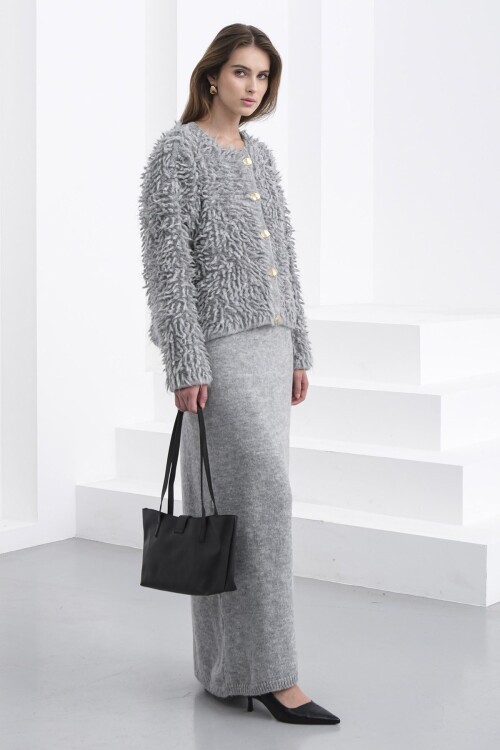 Gold Düğmeli Shaggy Hırka