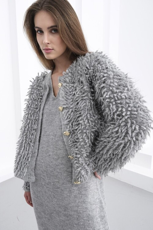 Gold Düğmeli Shaggy Hırka