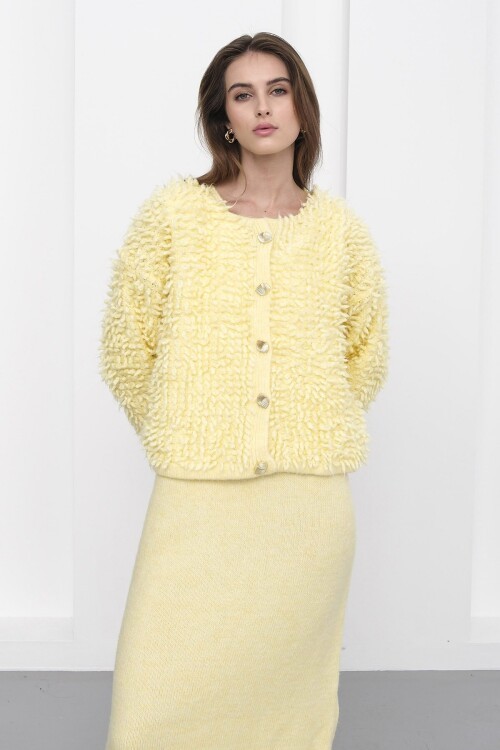 Gold Düğmeli Shaggy Hırka