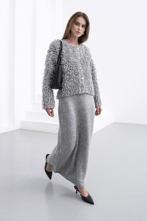 Gold Düğmeli Shaggy Hırka