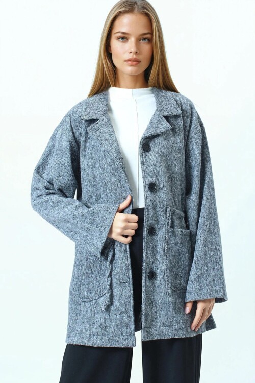 Gömlek Yaka Cep Detaylı Büzgü İpli Düğmeli Hırka