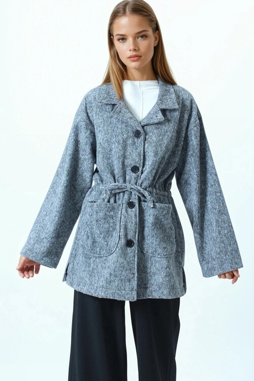 Gömlek Yaka Cep Detaylı Büzgü İpli Düğmeli Hırka