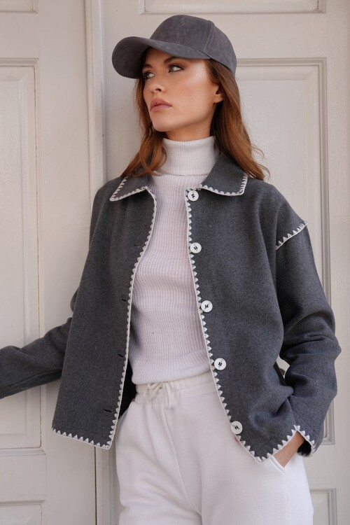 Gömlek Yaka Düğme Kapamalı Kontrast Uzun Kollu Hırka