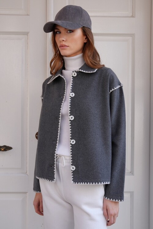 Gömlek Yaka Düğme Kapamalı Kontrast Uzun Kollu Hırka