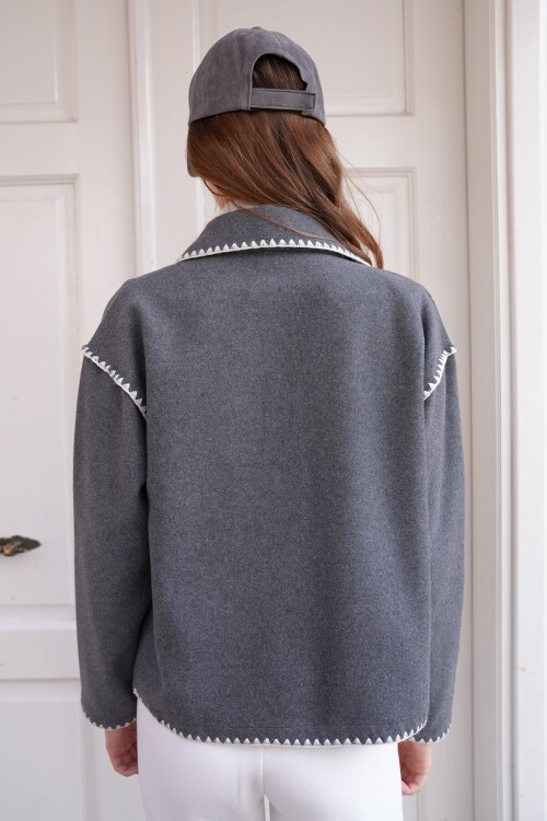 Gömlek Yaka Düğme Kapamalı Kontrast Uzun Kollu Hırka