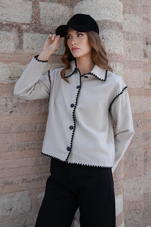 Gömlek Yaka Düğme Kapamalı Kontrast Uzun Kollu Hırka