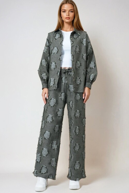 Püsküllü Oversize Gömlek Ve Beli Lastikli Pantolon Dokuma İkili Takım