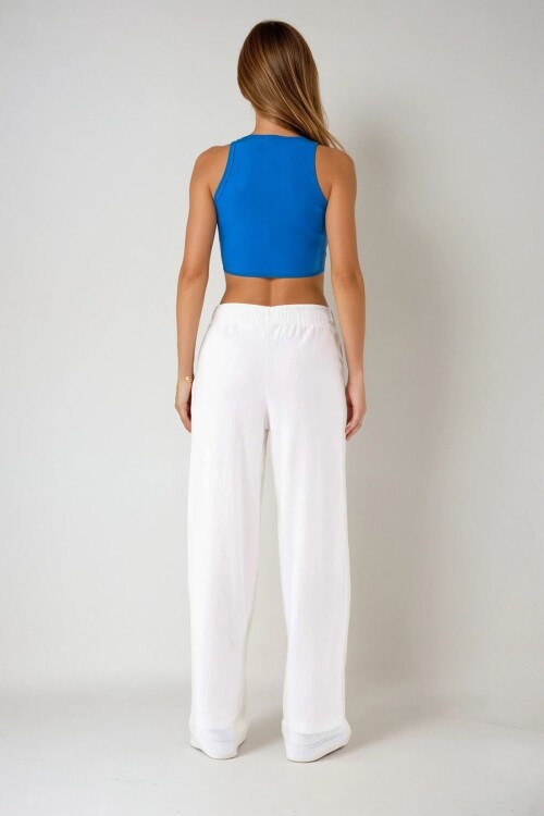 Mavi Halter Yaka Esnek Pamuklu Kısa Bluz